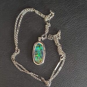 Kendra Scott Abalone Shell Locket Necklace Silver Plate Long Chain Iridescent
